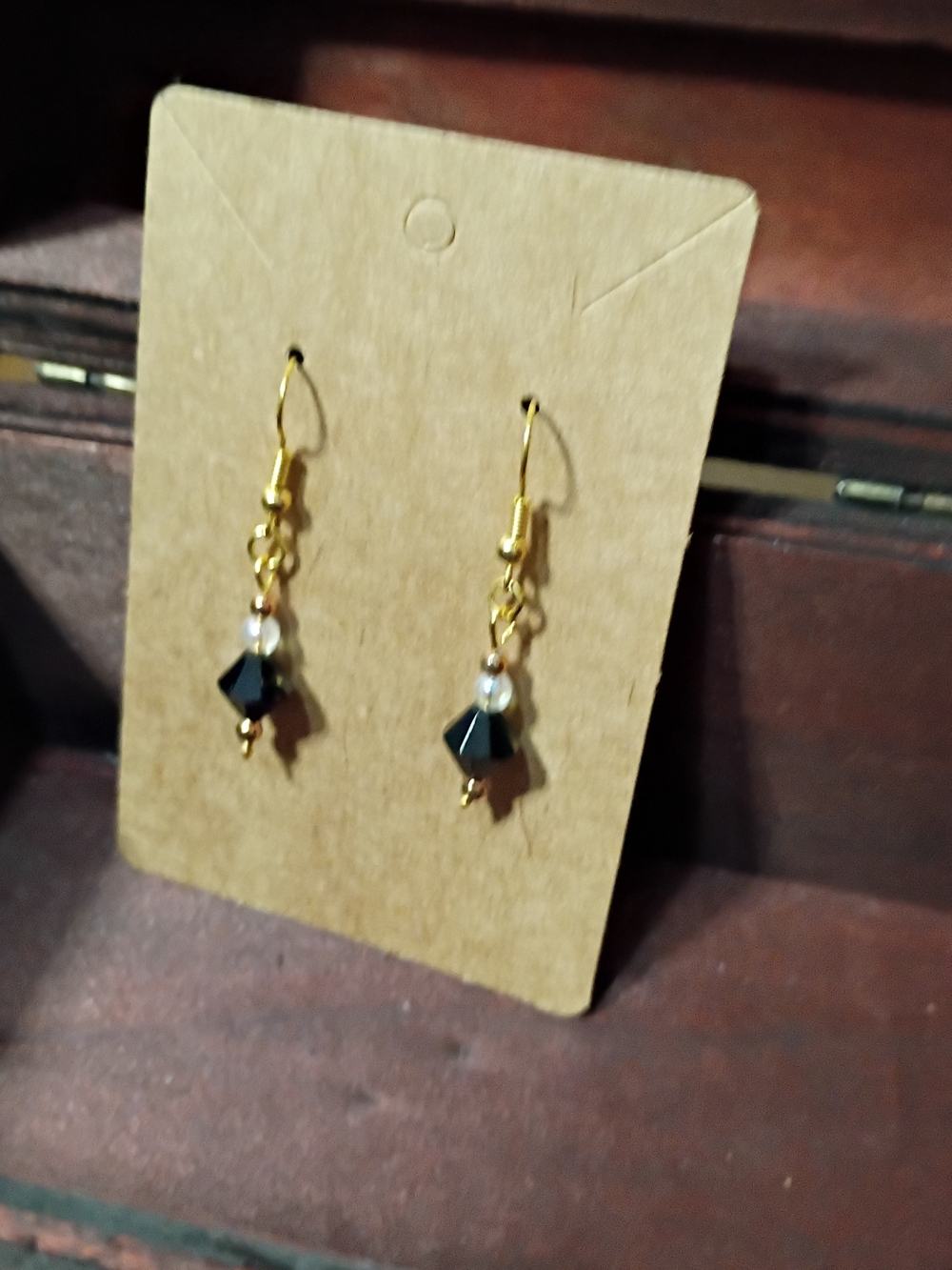 Gold Drop Earrings with Black Faceted Beads Handcrafted